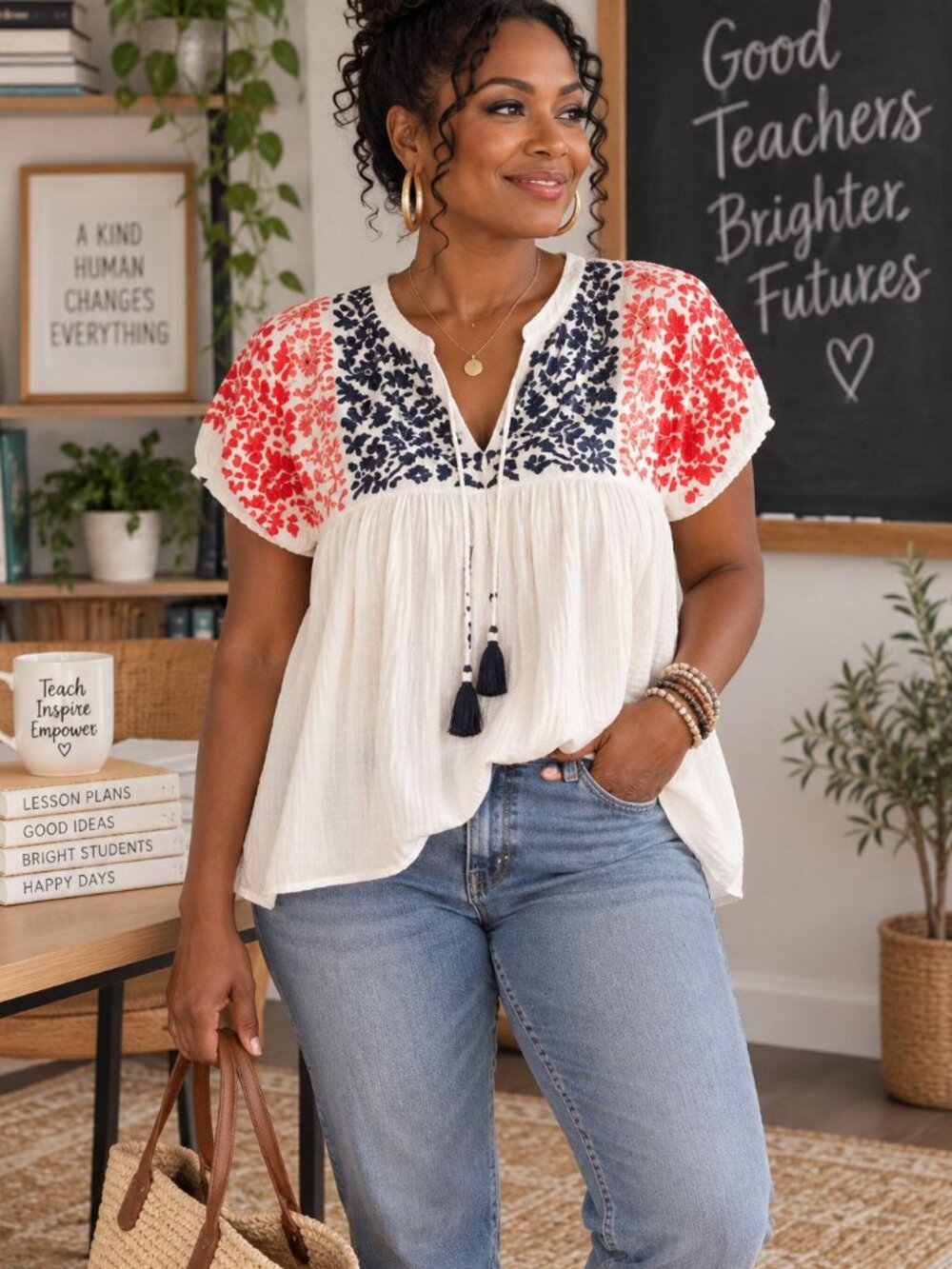 THML Boho Embroidered Peasant Blouse Women’s L White Red Blue Cottagecore